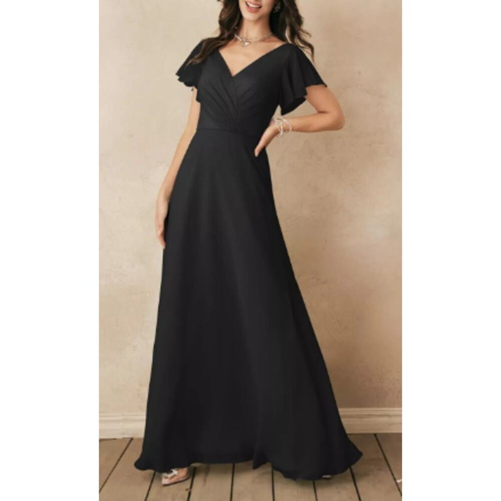 AW BRIDAL 12 L black Mallory chiffon wedding guest formal party maxi dress b53